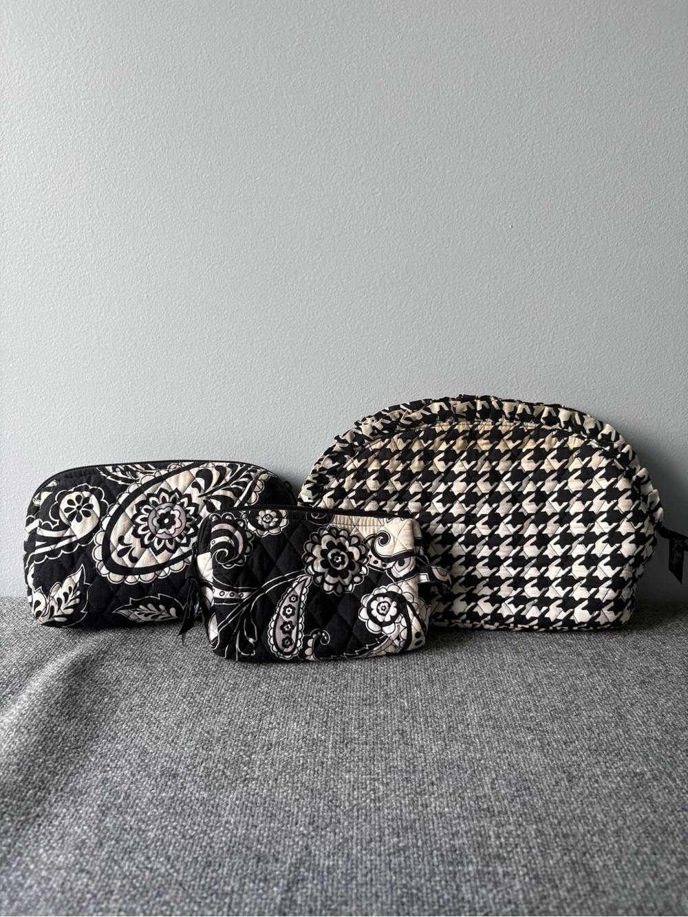 Vera Bradley Black and White Quilted Cosmetic Pouch Trio